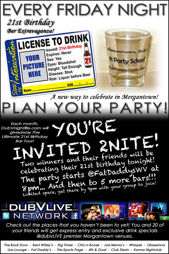 FRIDAY 11.9.2012 – Two winners and their friends will be celebrating their 21st birthday Friday with DubVnightlife!! The party starts at Fat Daddys at 8pm… And then to 5 more bars!!! You’re invited! Limited space, get there early with your group to join! 21+