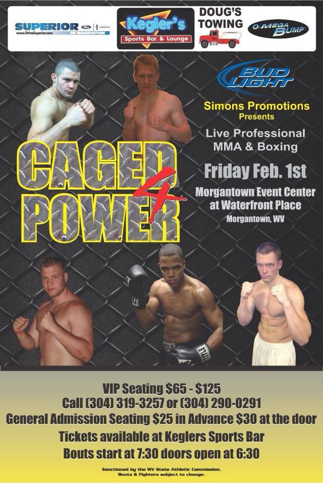 Caged Power 4 – Friday Feb. 1st – Live Professional MMA & Boxing – Morgantown Event Center @ Waterfront Place