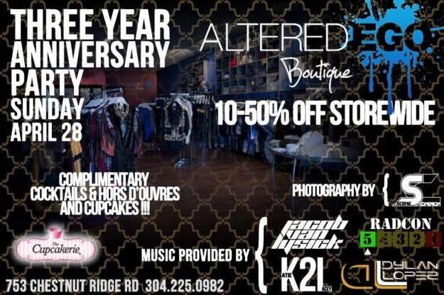 Altered Ego Boutique is celebrating their 3 year anniversary! 10-50% everything! Cocktails, DJs, cupcakes, and more!